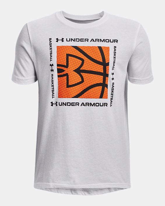 Boys' UA Basketball Box Logo Short Sleeve, White, pdpMainDesktop image number 0